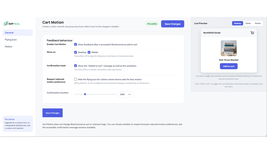 Cart Motion settings panel with live preview
