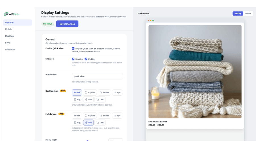 Quick View settings panel with live preview